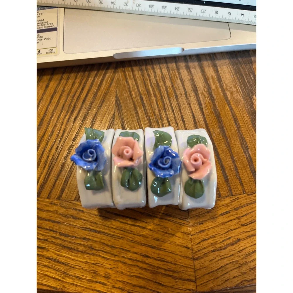 Vintage Ceramic Rose Napkin Rings Set of 4 Pink Blue Floral‎ Porcelain Octagonal